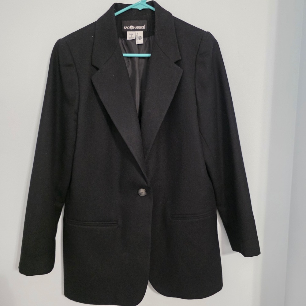 Sag Harbor Vintage 100% Pure New Wool Black Single Button Blazer Jacket Womens 8